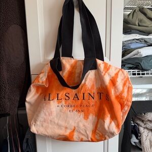 AllSaints Izzy East/West tote bag in orange tie-dye